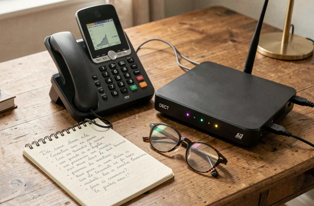 Téléphone fixe sans fil posé à côté d'une box fibre Orange sur un bureau à domicile, illustrant la transition réseau de 2026