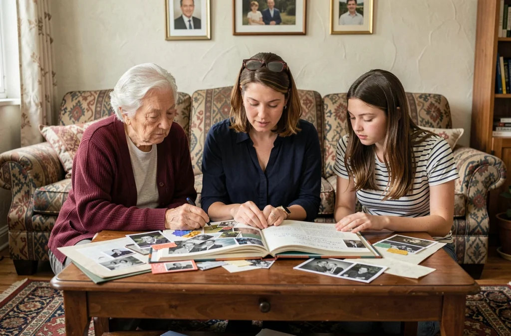 Trois générations de femmes réunies autour d'un album photo familial dans un salon chaleureux, partageant des souvenirs intergénérationnels