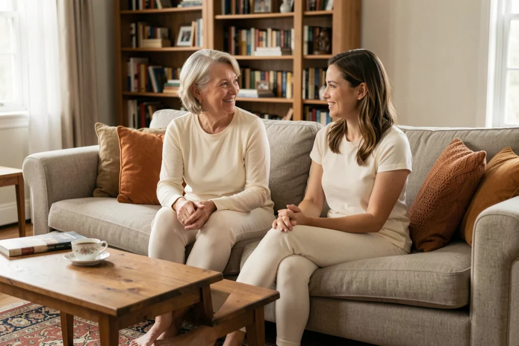 Femme adulte portant un vêtement adapté confortable en jersey crème partageant un moment familial chaleureux dans un salon domestique