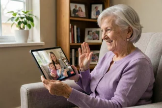 Une femme âgée en résidence senior sourit lors d'un appel vidéo avec sa famille sur une tablette