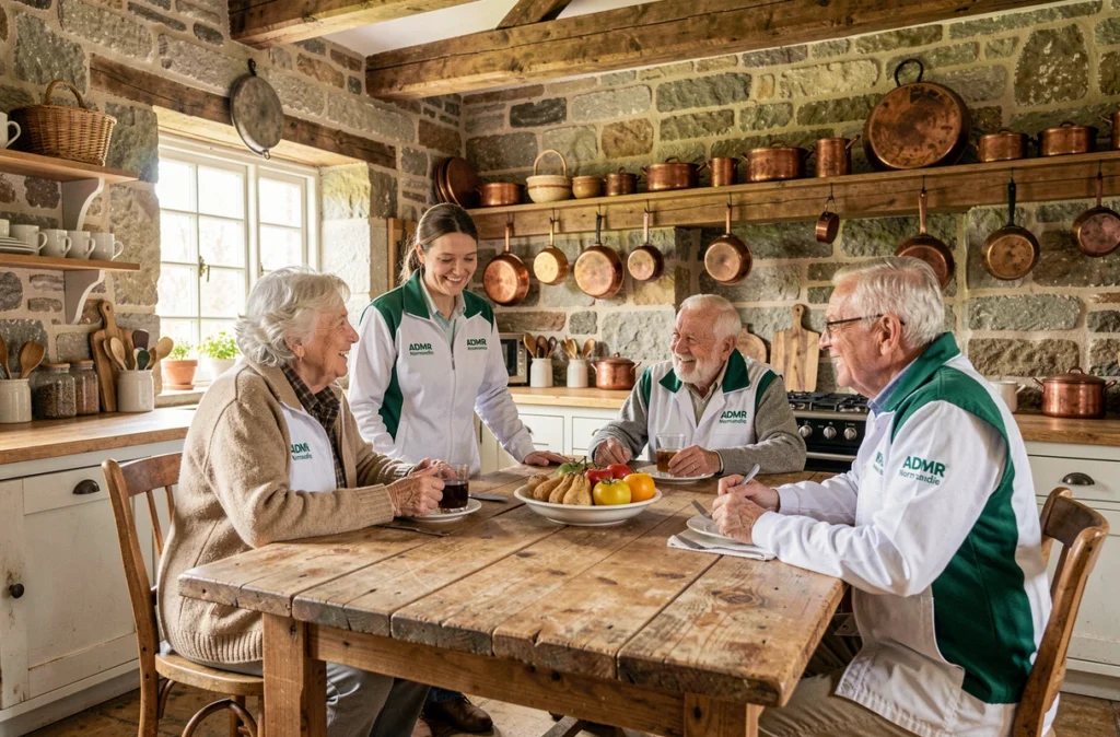 Deux aides à domicile ADMR Normandie rendent visite à un couple de personnes âgées dans une ferme normande traditionnelle avec des murs en pierre