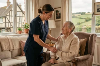 Une aide à domicile en uniforme assiste une femme âgée dans un salon normand chaleureux, avec une vue sur des maisons à colombages en arrière-plan