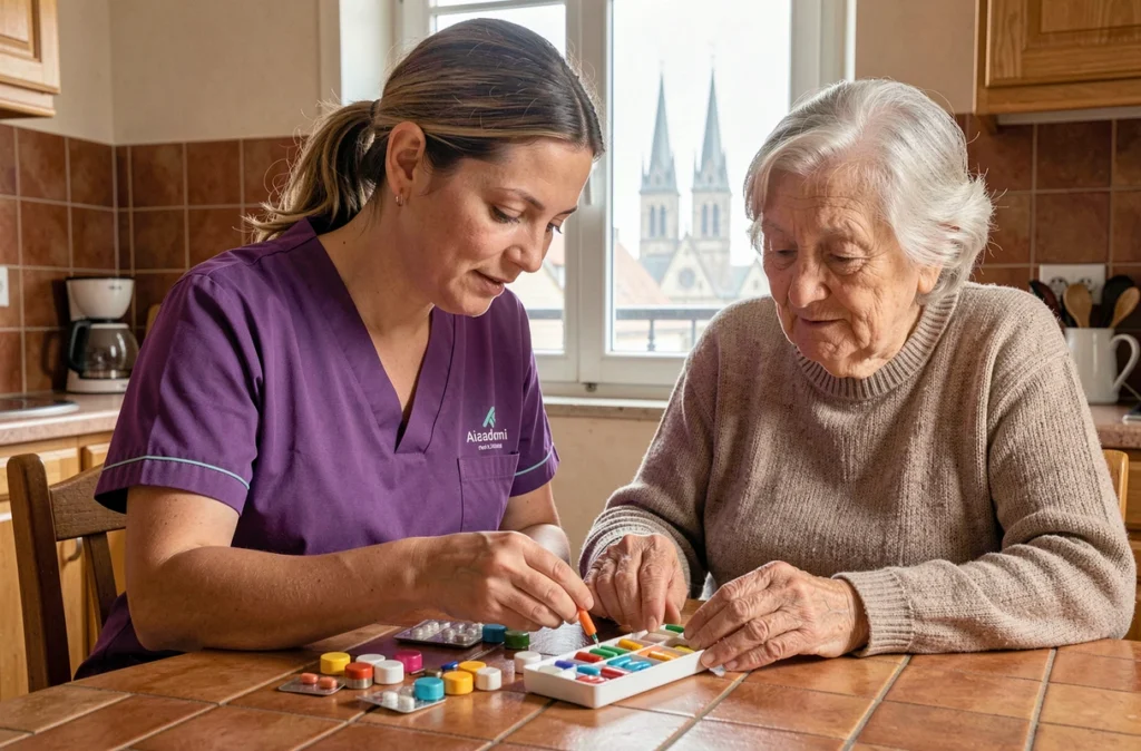 Une auxiliaire Aidadomi aide une femme âgée à organiser ses médicaments dans une cuisine de Rouen avec une vue sur les flèches gothiques de la cathédrale