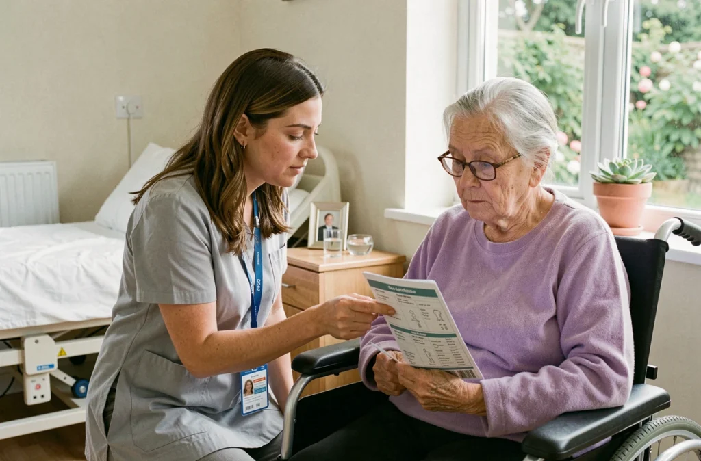 Aide à domicile pour senior présentant un programme de soins à une femme âgée en fauteuil roulant lors de la première visite d'évaluation