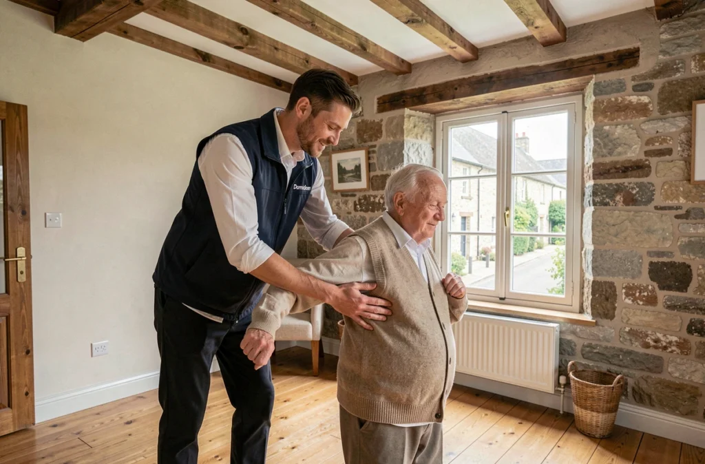 Un aide à domicile Domidom Normandie soutient un homme âgé lors d'exercices de mobilité dans une maison normande avec des poutres en bois apparentes