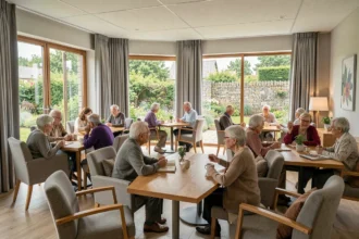 Salle commune chaleureuse d'un EHPAD breton avec des résidents âgés réunis, grandes fenêtres donnant sur un jardin verdoyant aux murs en pierre typiques de Bretagne