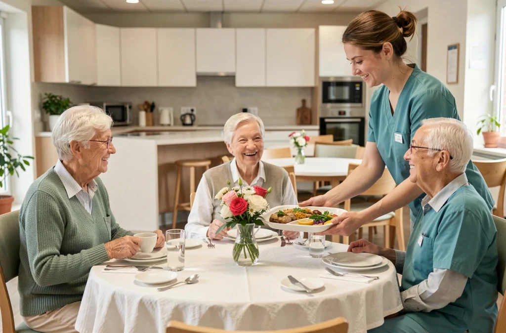 Des résidents âgés partagent un repas dans la salle à manger de l'EHPAD de la Poterie à Rennes, servis par une aide-soignante en uniforme sarcelle