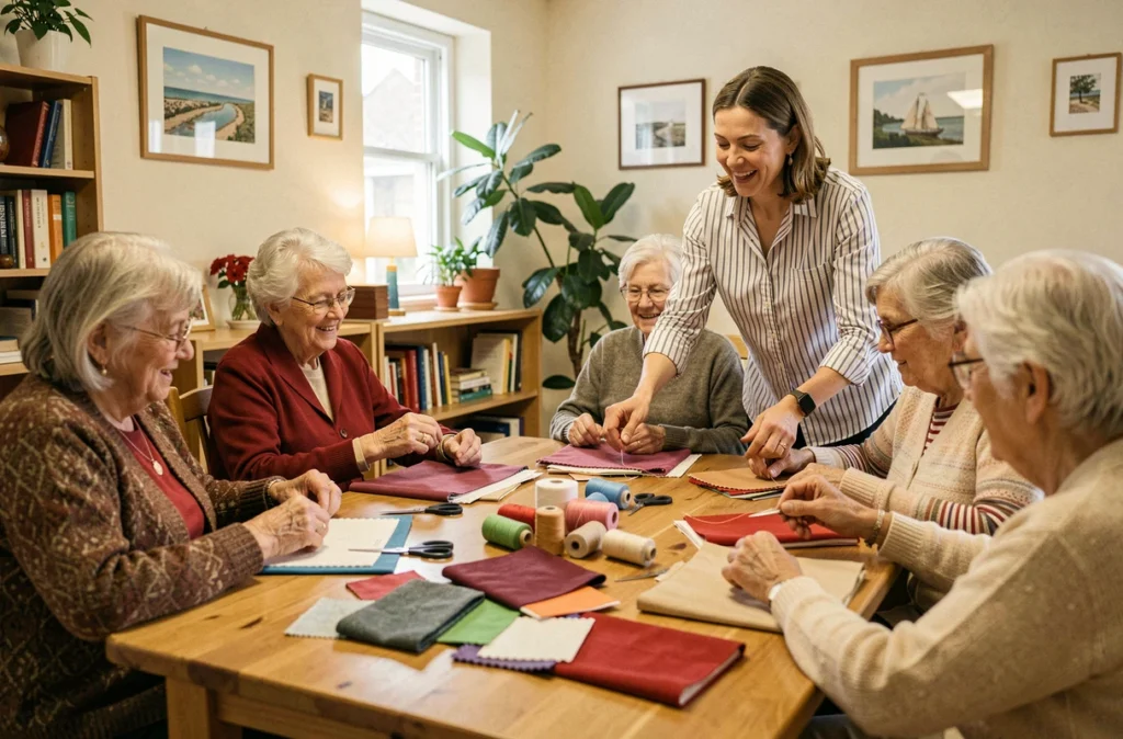 Un atelier de travaux manuels dans la salle d'activités de l'EHPAD Résidence Albert Aubry à Saint-Brieuc, avec des résidentes et une animatrice autour d'une table couverte de tissus colorés