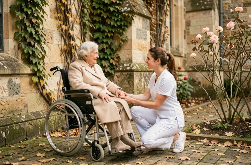 Une résidente en fauteuil roulant et une infirmière dans la cour en pierre de l'EHPAD Saint-Thomas de Villeneuve à Bain-de-Bretagne, entourées de lierre et de feuilles d'automne