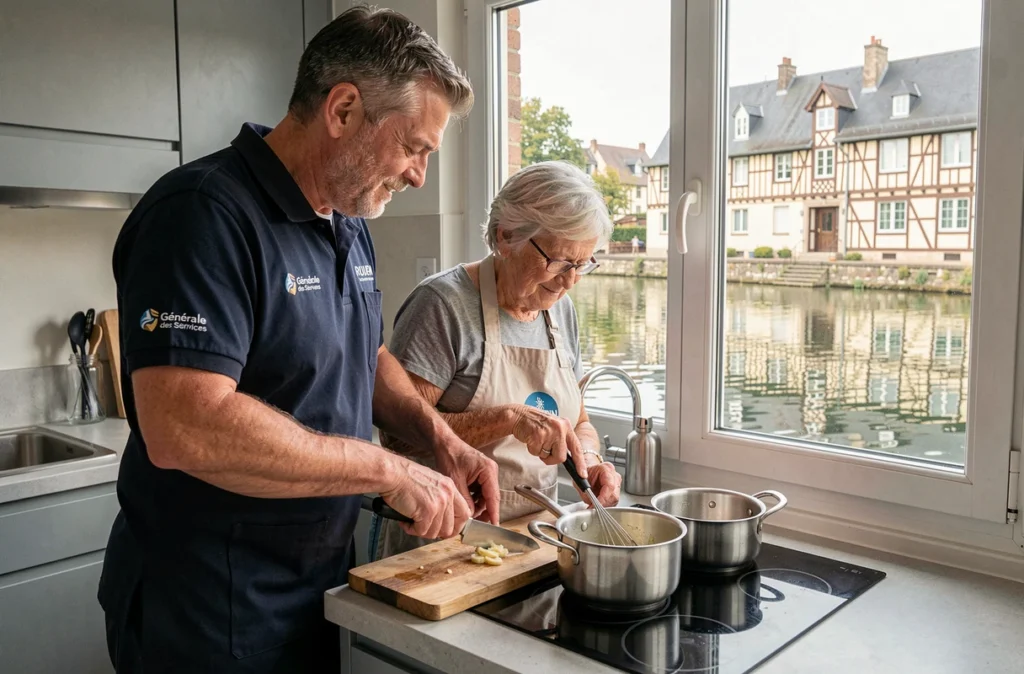 Un aide à domicile Générale des Services aide une femme âgée à préparer un repas dans une cuisine à Rouen avec vue sur les bords de Seine