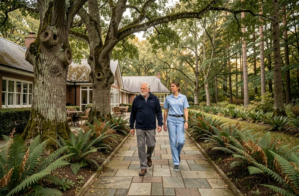 Un résident et un accompagnateur se promènent sur un chemin pavé bordé de chênes et de fougères près de la forêt de Brocéliande, à la résidence Les Grands Jardins à Paimpont