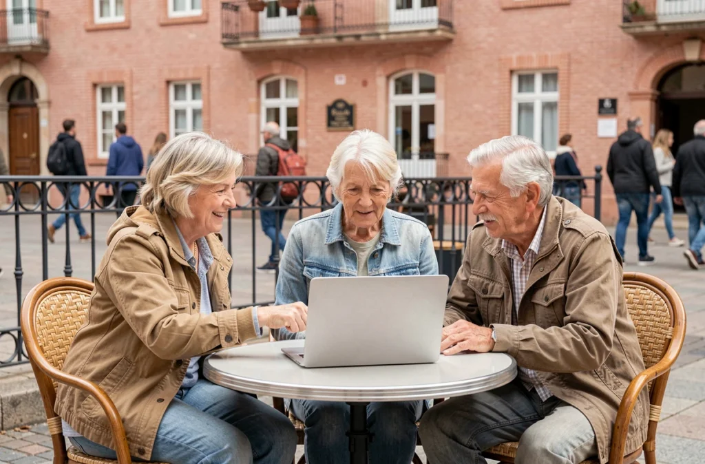 Groupe de seniors réunis en plein air à Toulouse consultant ensemble les ressources LaForceDeLAge.fr sur un ordinateur portable