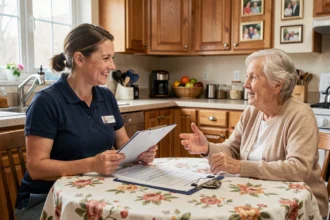Garde senior à domicile : première visite d'évaluation entre une aide à domicile professionnelle et une personne âgée dans sa cuisine