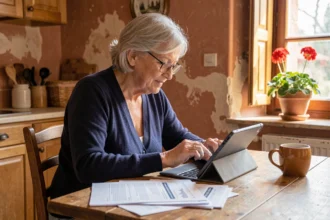 Femme senior consultant le site LaForceDeLAge.fr sur une tablette dans sa cuisine à Toulouse pour connaître ses droits et aides