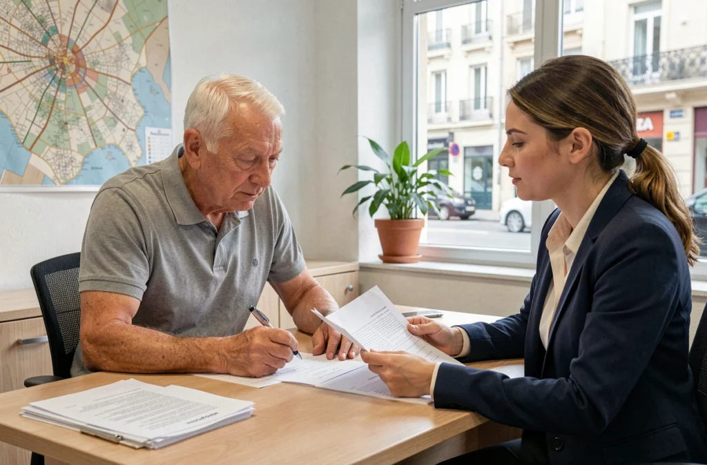 Senior homme rencontrant une conseillère pour obtenir des informations sur les aides et droits disponibles à Toulouse