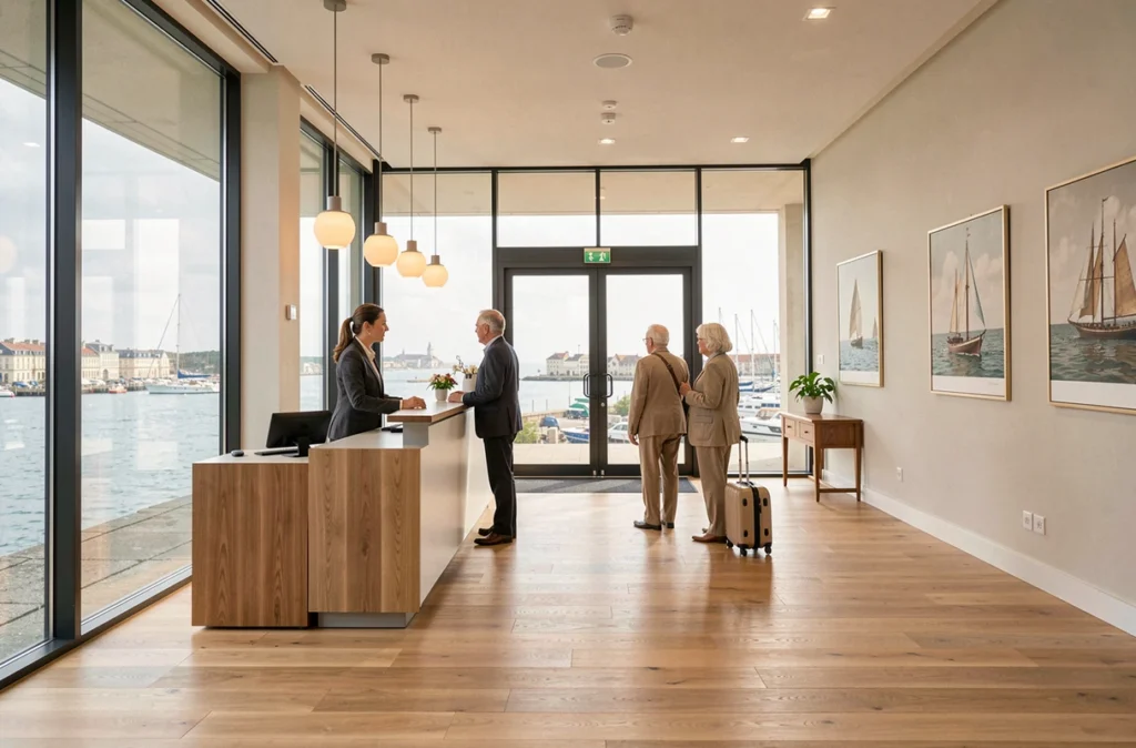 Le hall d'accueil moderne de Villa Beausoleil à Brest, avec une réceptionniste accueillant un couple de résidents âgés, grandes baies vitrées donnant sur le port de Brest