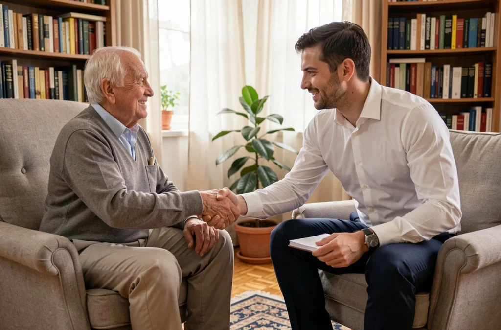 Première visite d'une garde senior à domicile : poignée de main entre un aide senior masculin et un homme âgé dans son salon