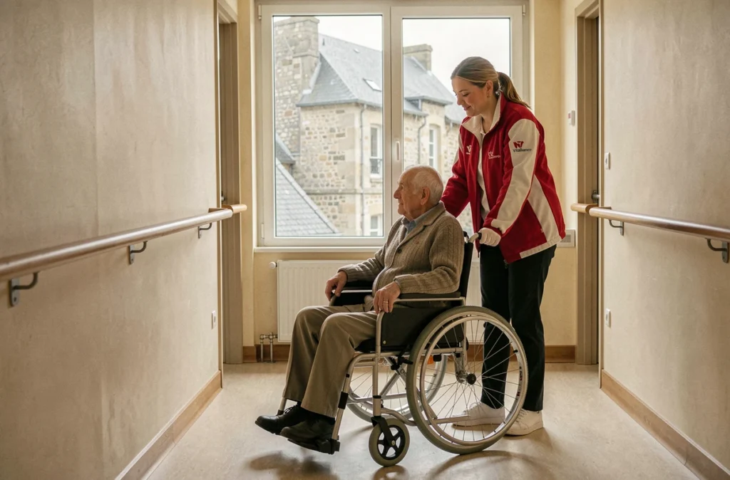 Une auxiliaire Vitalliance aide un homme âgé en fauteuil roulant dans le couloir d'une résidence à Caen